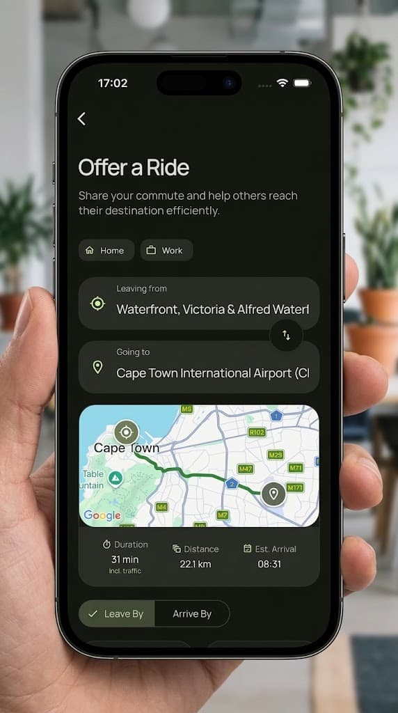The Asambe Commute app open on a phone, showing a ride being offered from the Waterfront to Cape Town International Airport